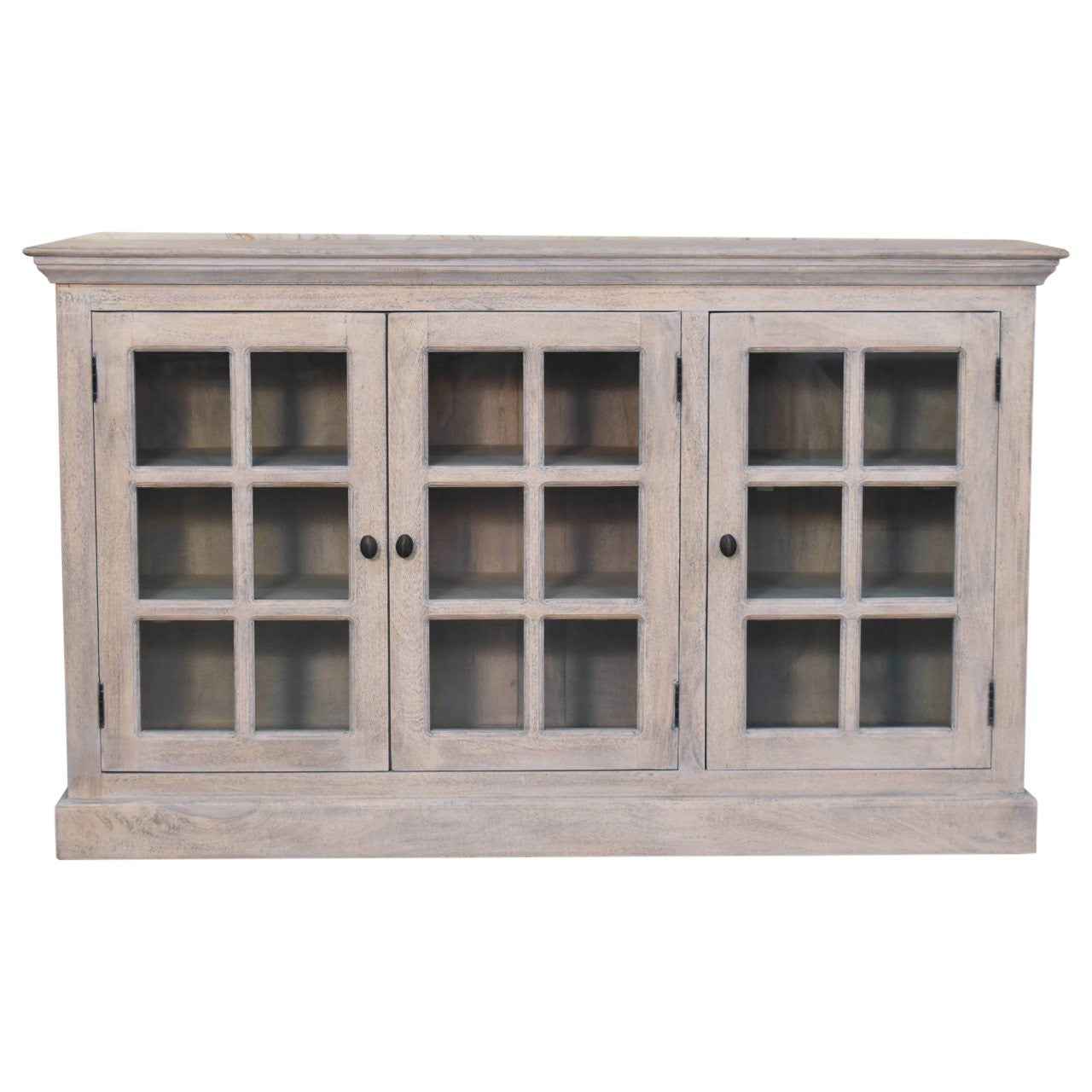 35" Light Gray and Clear Distressed Solid Wood Accent Cabinet With Three Doors