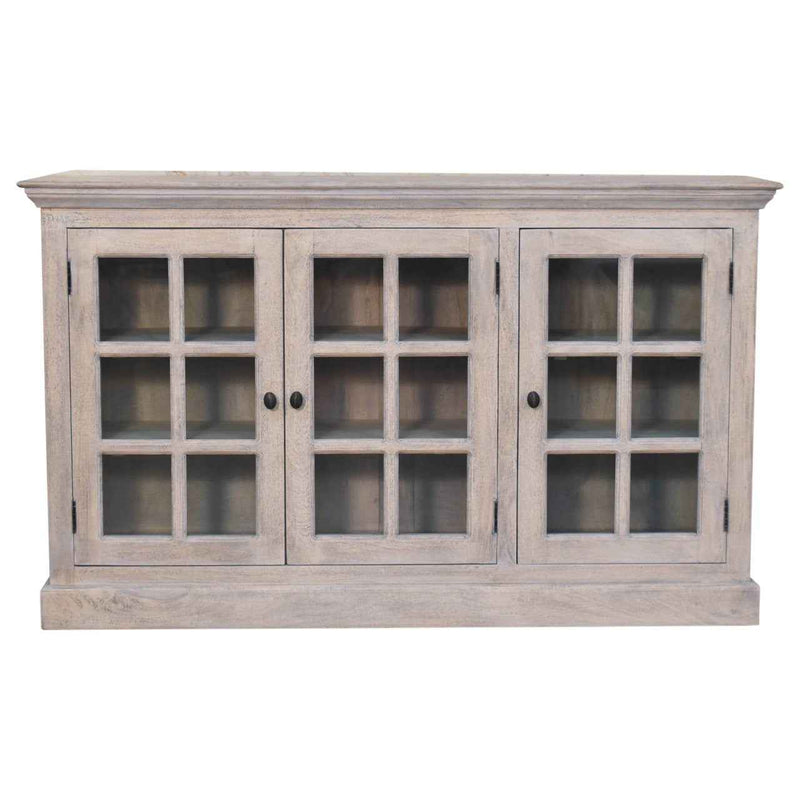35" Light Gray and Clear Distressed Solid Wood Accent Cabinet With Three Doors