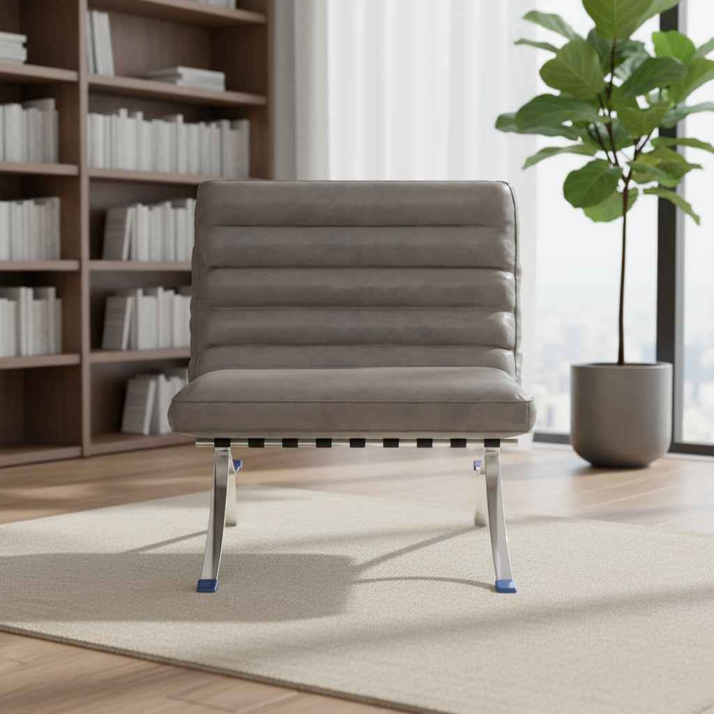 29" Gray and Silver Tufted Leather and Upholstered Folding Lounge Chair