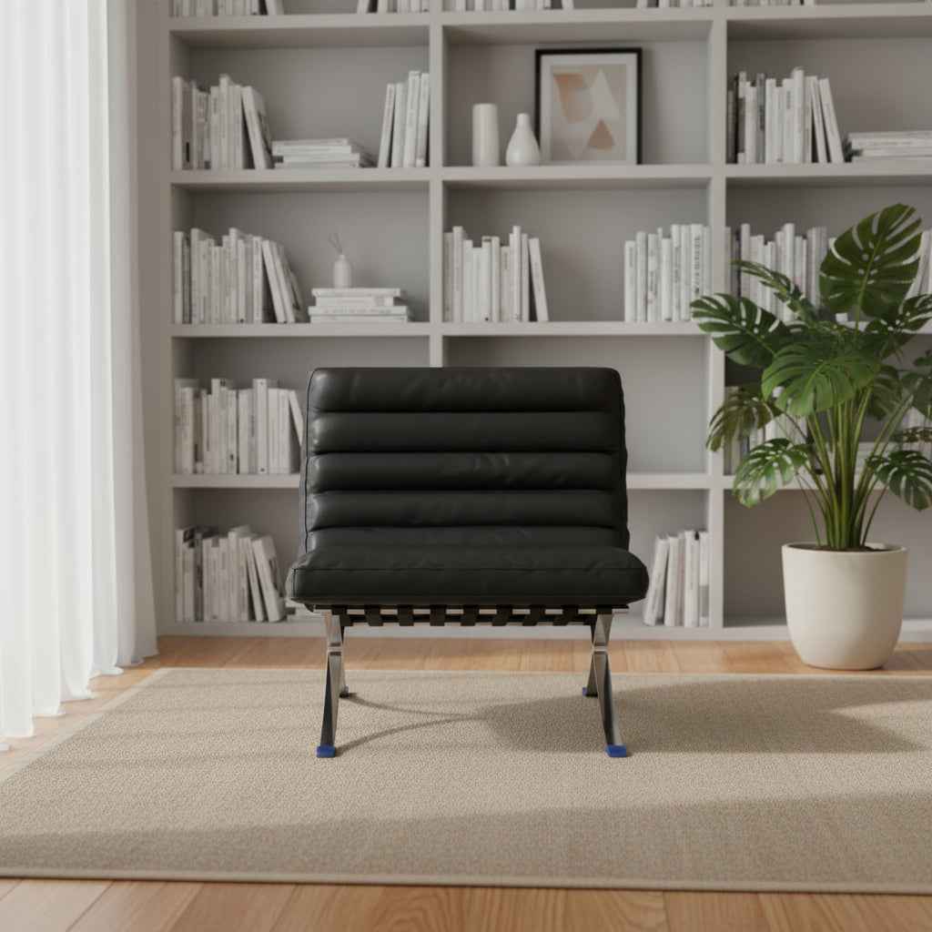 29" Black and Silver Tufted Leather and Upholstered Folding Lounge Chair