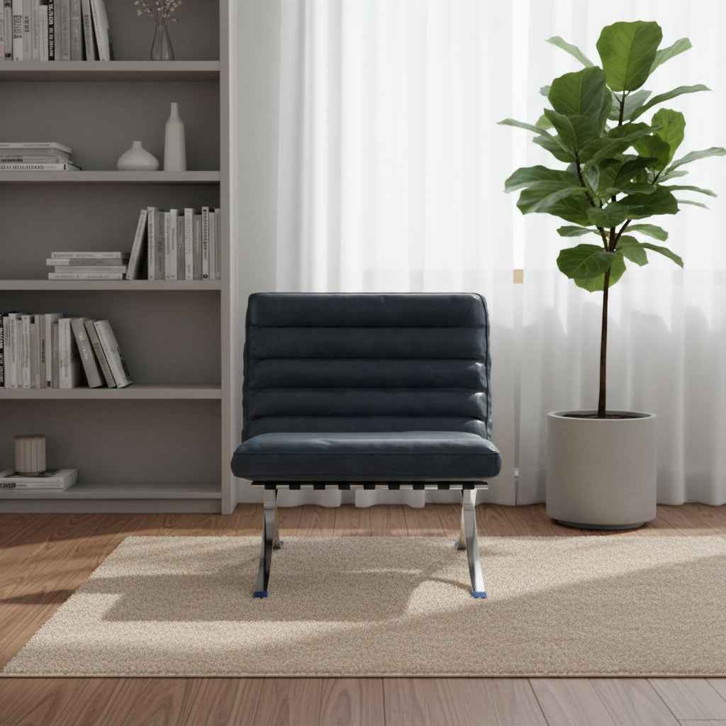 29" Blue and Silver Tufted Leather and Upholstered Folding Lounge Chair