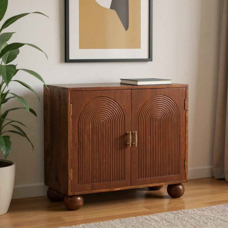 27" Chestnut Solid Wood Textured Geometric Lines Accent Cabinet With Two Doors