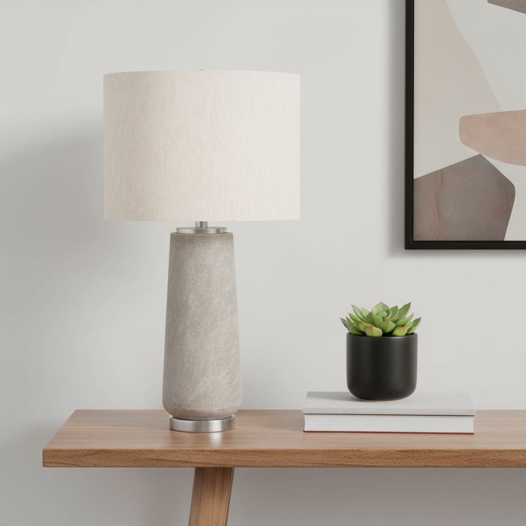 29" Gray and Silver Cylinder Table Lamp With Ivory Drum Shade - Lighting