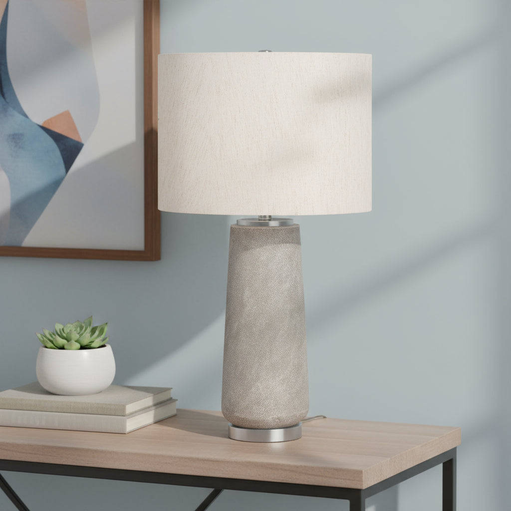 29" Gray and Silver Cylinder Table Lamp With Ivory Drum Shade - Lighting
