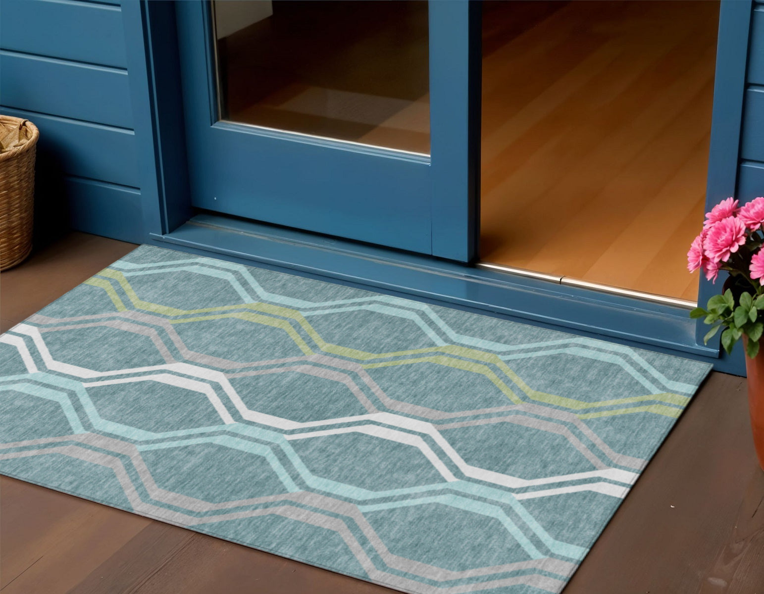 3' X 5' Teal Blue Gray And Ivory Geometric Washable Indoor Outdoor Area Rug - Sports & Outdoor