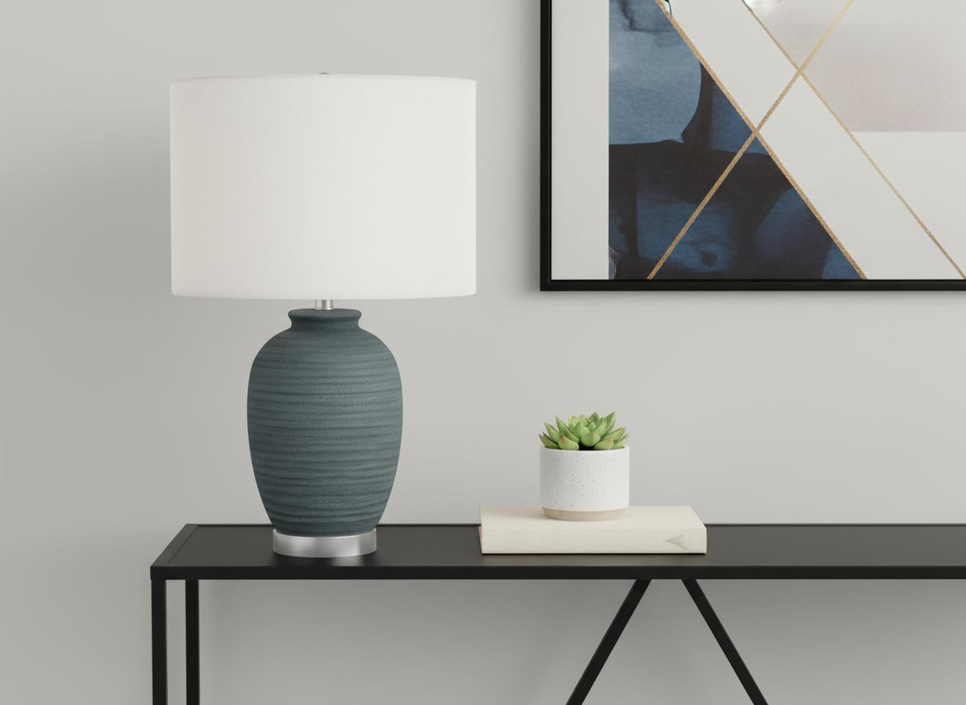 24" Blue and Silver Ceramic Round Table Lamp With Ivory Drum Shade - Lighting