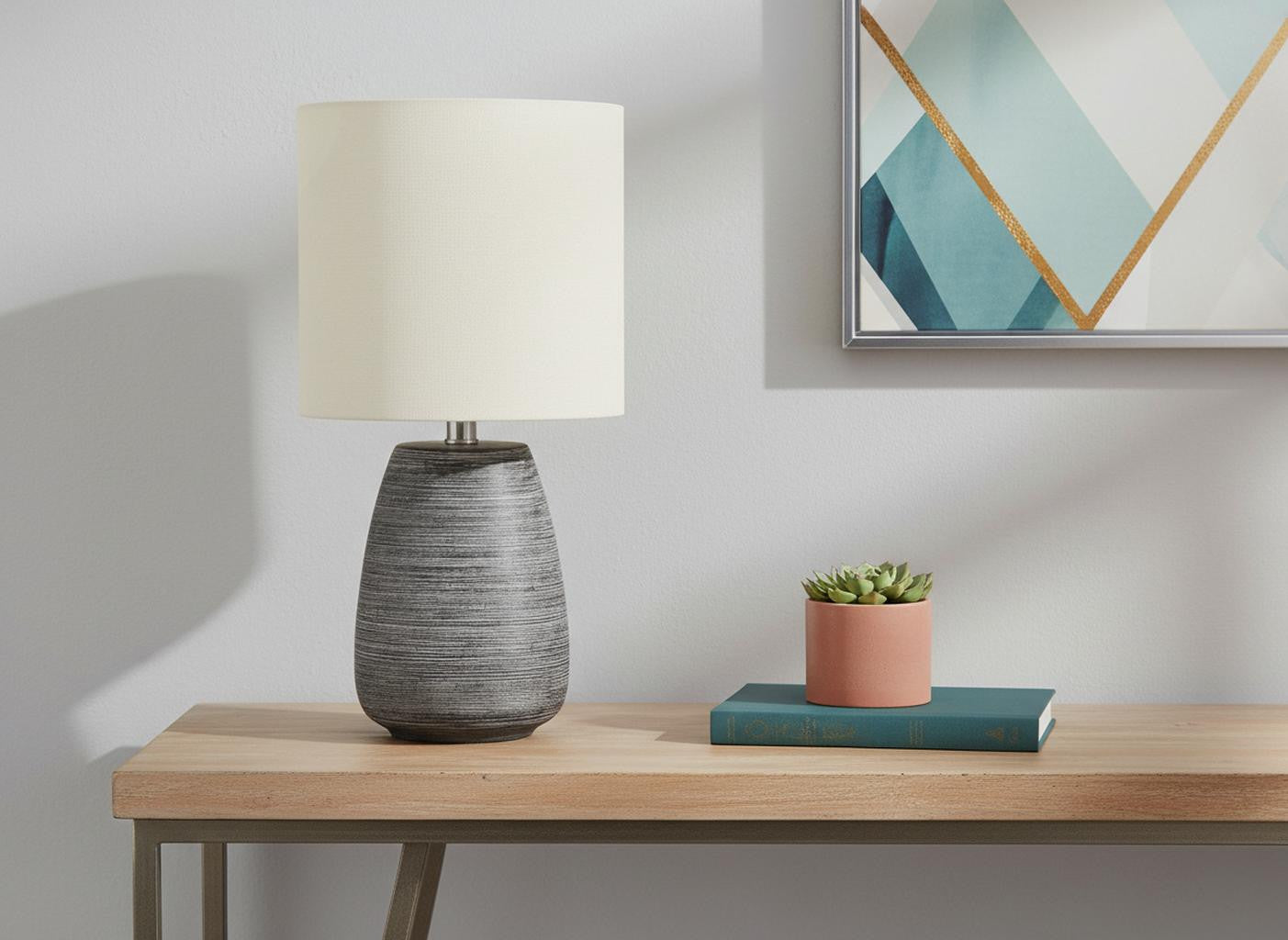 19" Gray Ceramic Round Table Lamp With Ivory Drum Shade - Lighting