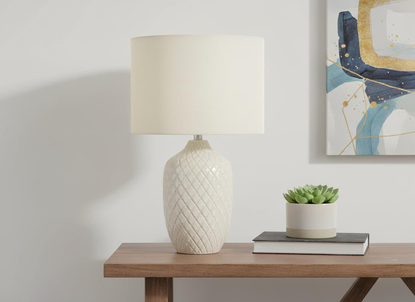 25" Cream Ceramic Urn Table Lamp With Cream Drum Shade - Lighting