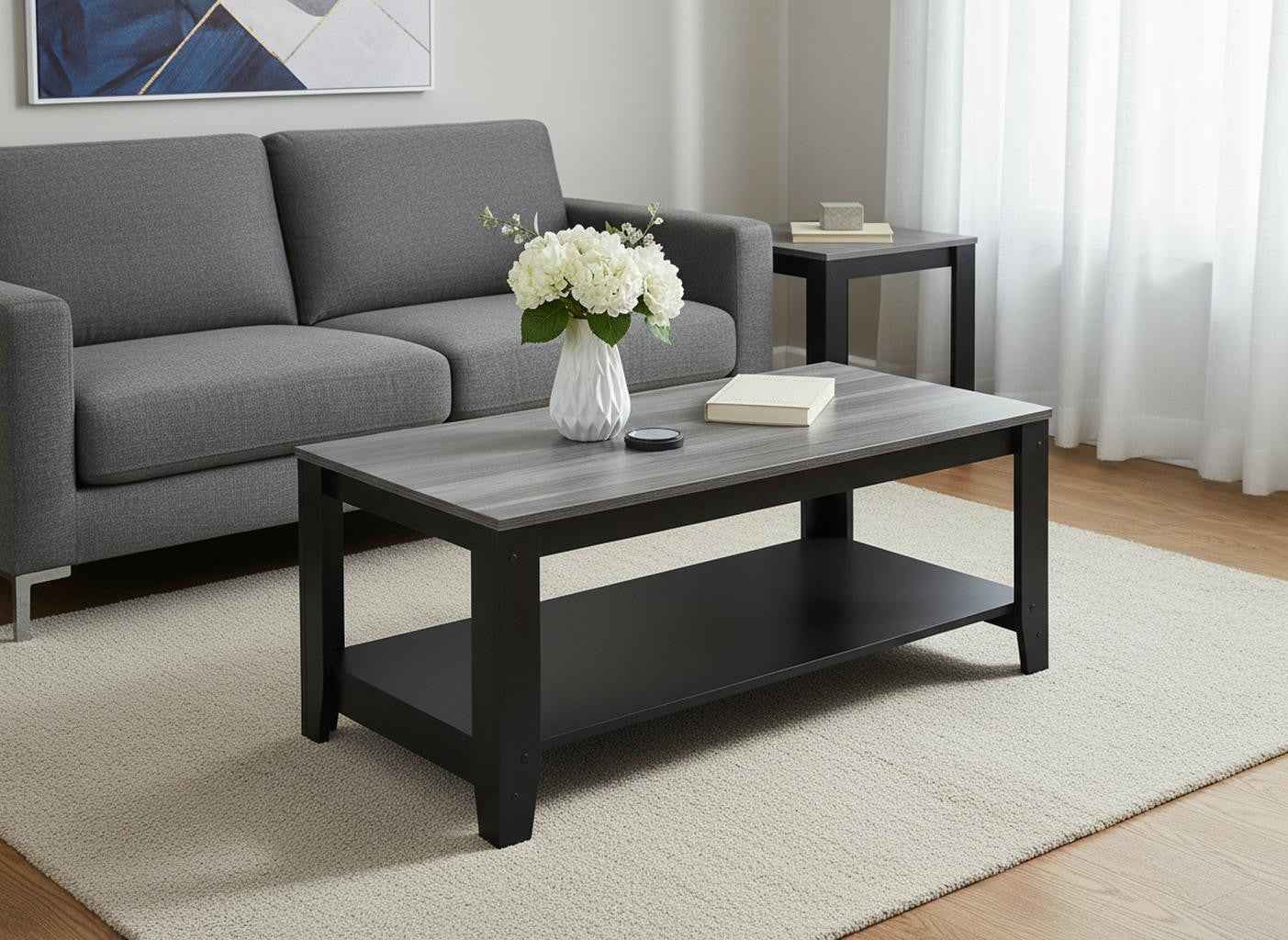 Set of Three 42" Gray And Black Coffee Table With Shelf