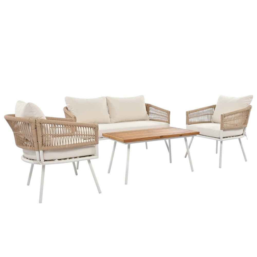 Six Piece White and Beige Metal Upholstered Cushions Sofa Seating Group With Table