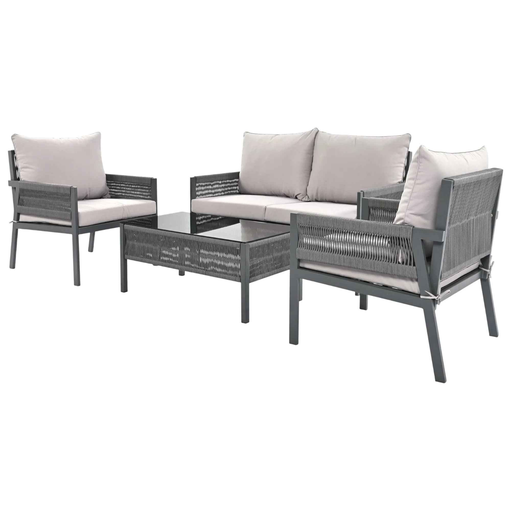 Four Piece Gray Metal Upholstered Cushions Sofa Seating Group With Table