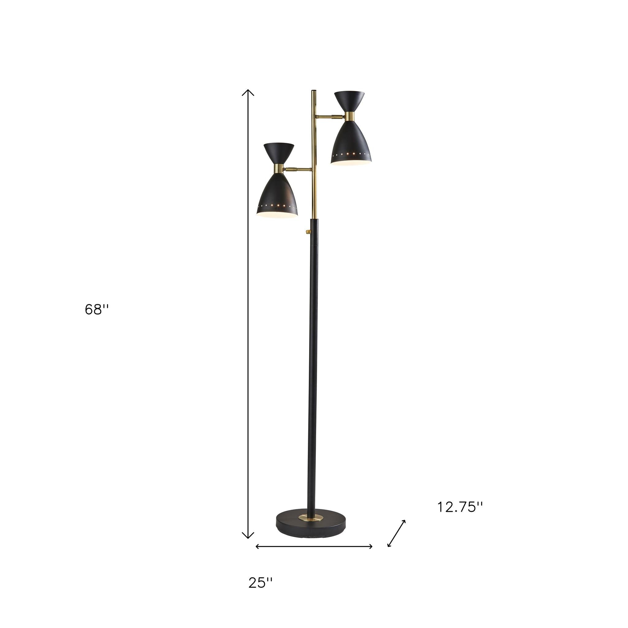 68" Black And Gold Metal Two Light Task Floor Lamp With Black Metal Cone Shade - Lighting