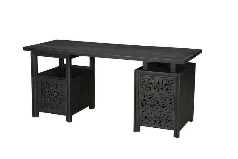 68" Black Carved Floral Scroll Solid Wood Computer Desk With Three Drawers