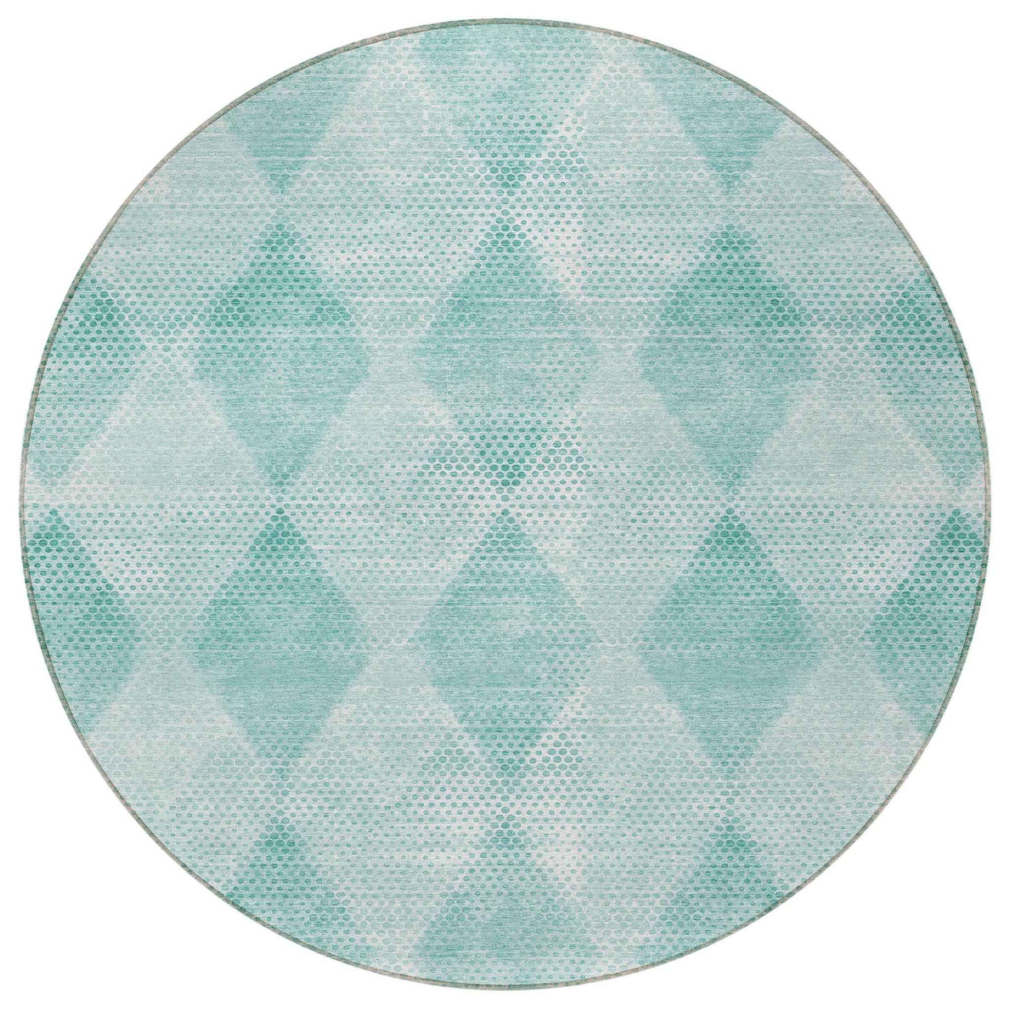 8' Round Teal Round Geometric Washable Non Skid Indoor Outdoor Area Rug