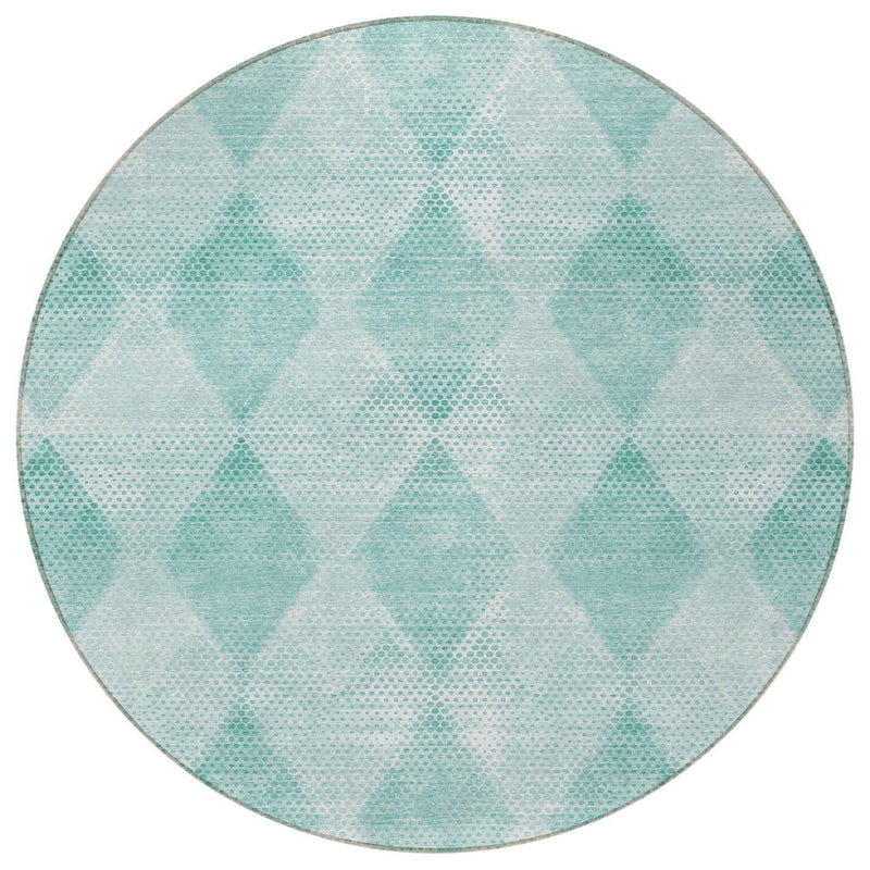 8' Round Teal Round Geometric Washable Non Skid Indoor Outdoor Area Rug