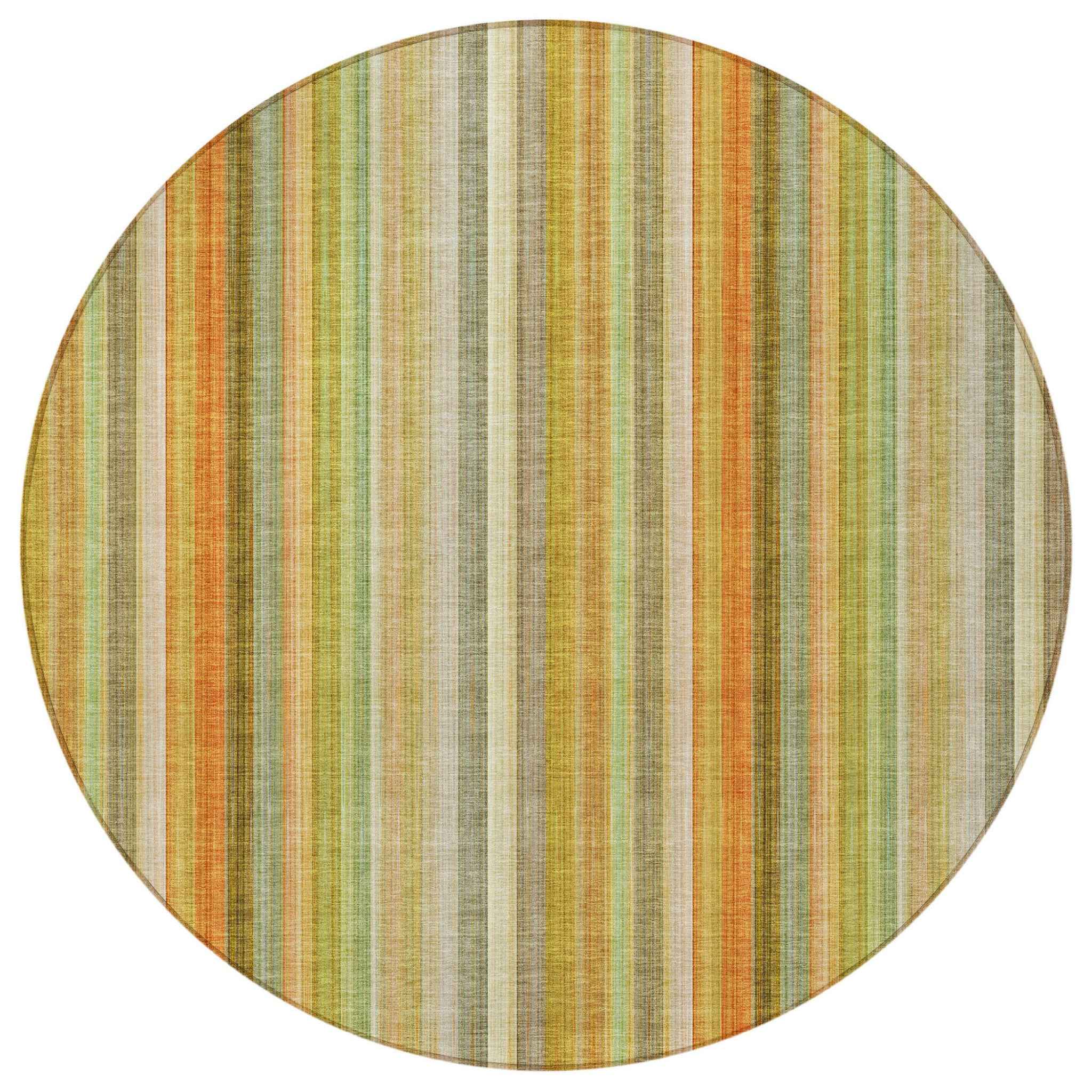 8' Round Tan Orange and Green Round Striped Washable Non Skid Indoor Outdoor Area Rug
