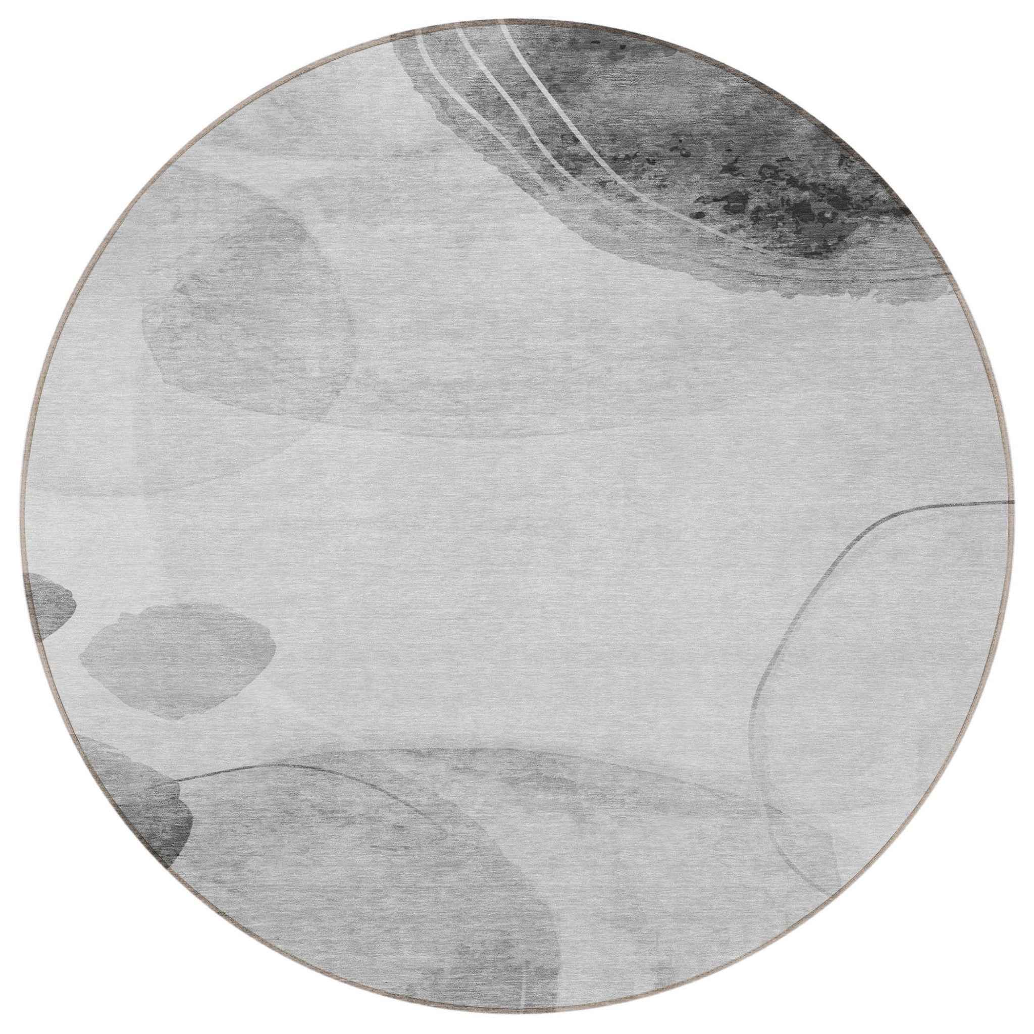 8' Round Gray and Light Gray Round Abstract Washable Non Skid Indoor Outdoor Area Rug