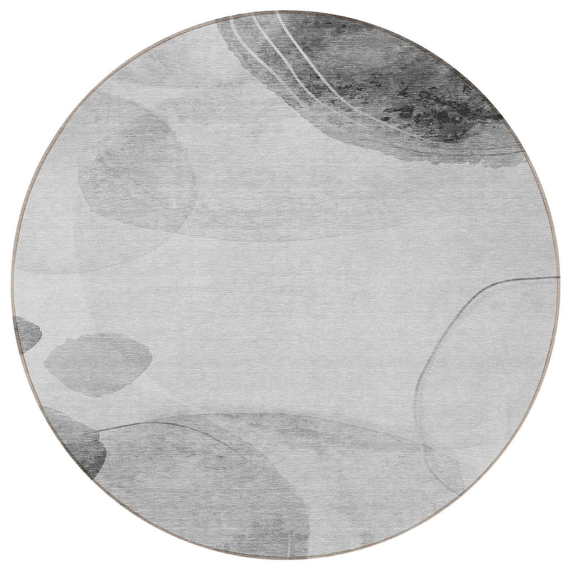 8' Round Gray and Light Gray Round Abstract Washable Non Skid Indoor Outdoor Area Rug