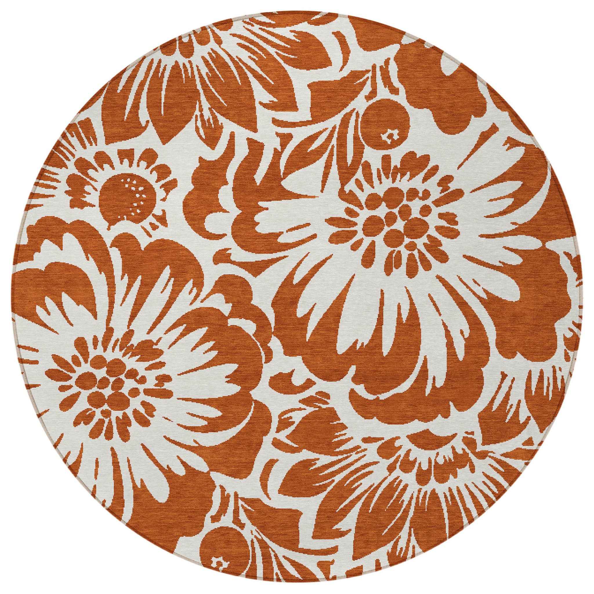 8' Round Rust and Ivory Round Floral Washable Non Skid Indoor Outdoor Area Rug