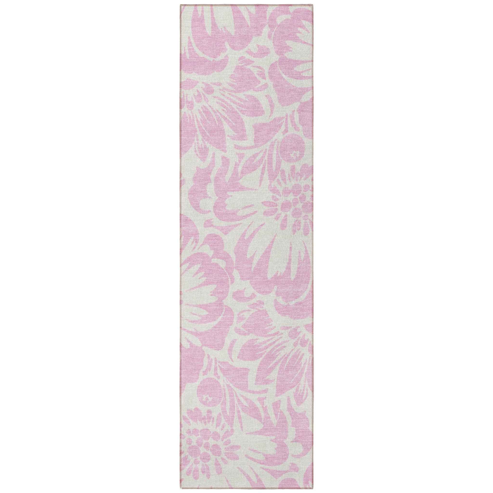 8' Runner Pink and Ivory Floral Washable Non Skid Indoor Outdoor Runner Rug