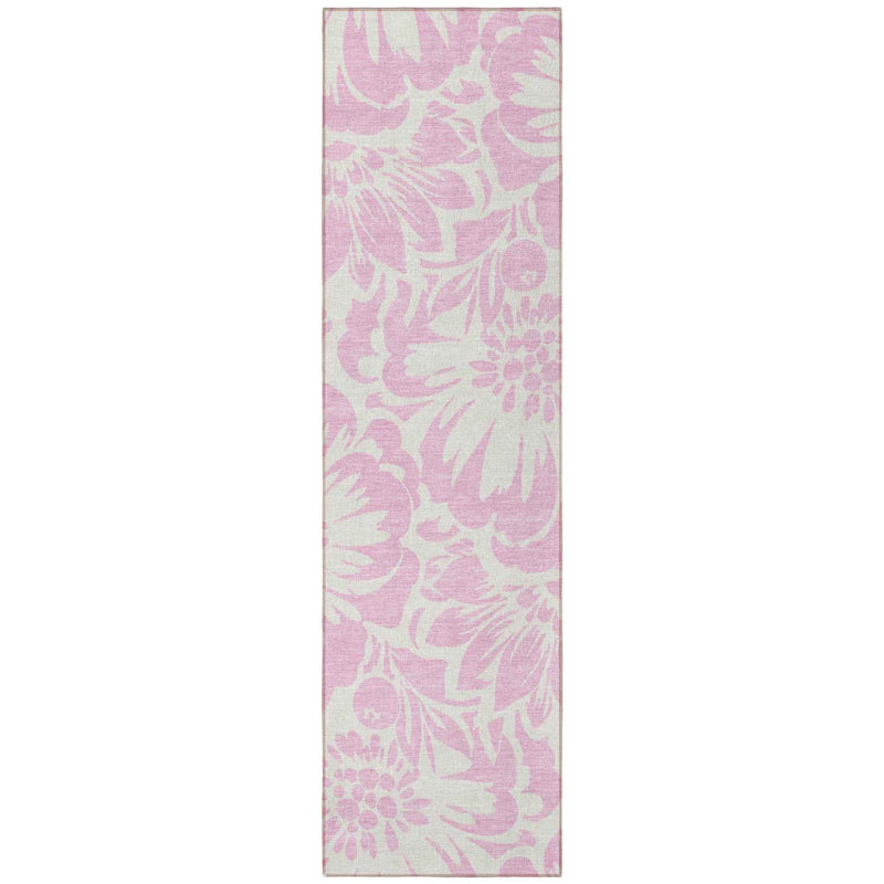 8' Runner Pink and Ivory Floral Washable Non Skid Indoor Outdoor Runner Rug