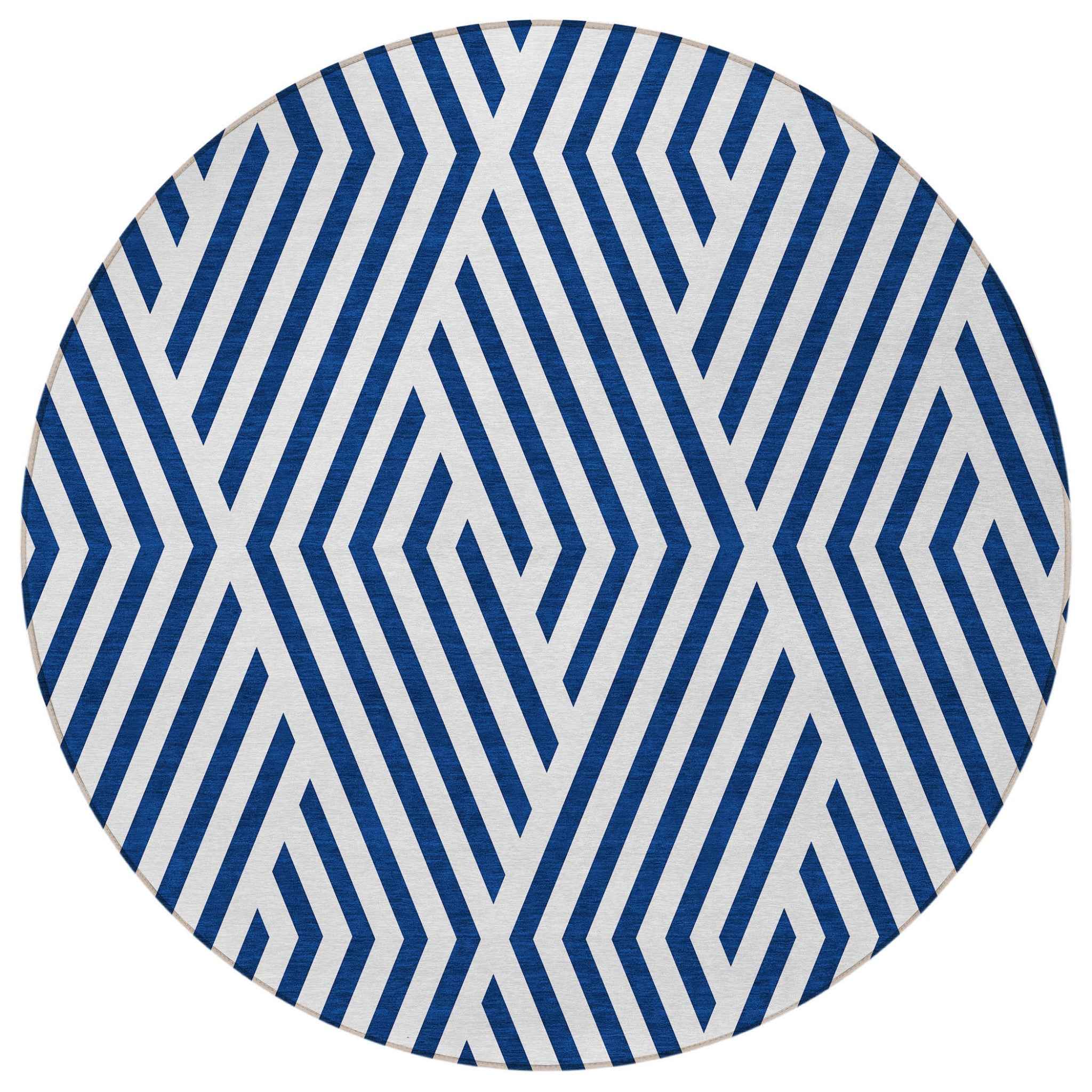8' Round Navy and White Round Geometric Washable Non Skid Indoor Outdoor Area Rug