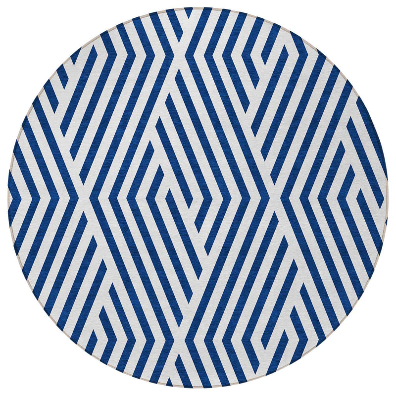 8' Round Navy and White Round Geometric Washable Non Skid Indoor Outdoor Area Rug