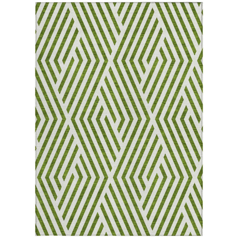5' X 8' Lime Green and White Geometric Washable Non Skid Indoor Outdoor Area Rug