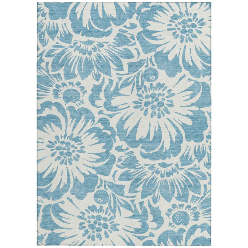 9' X 12' Denim and Ivory Floral Washable Non Skid Indoor Outdoor Area Rug