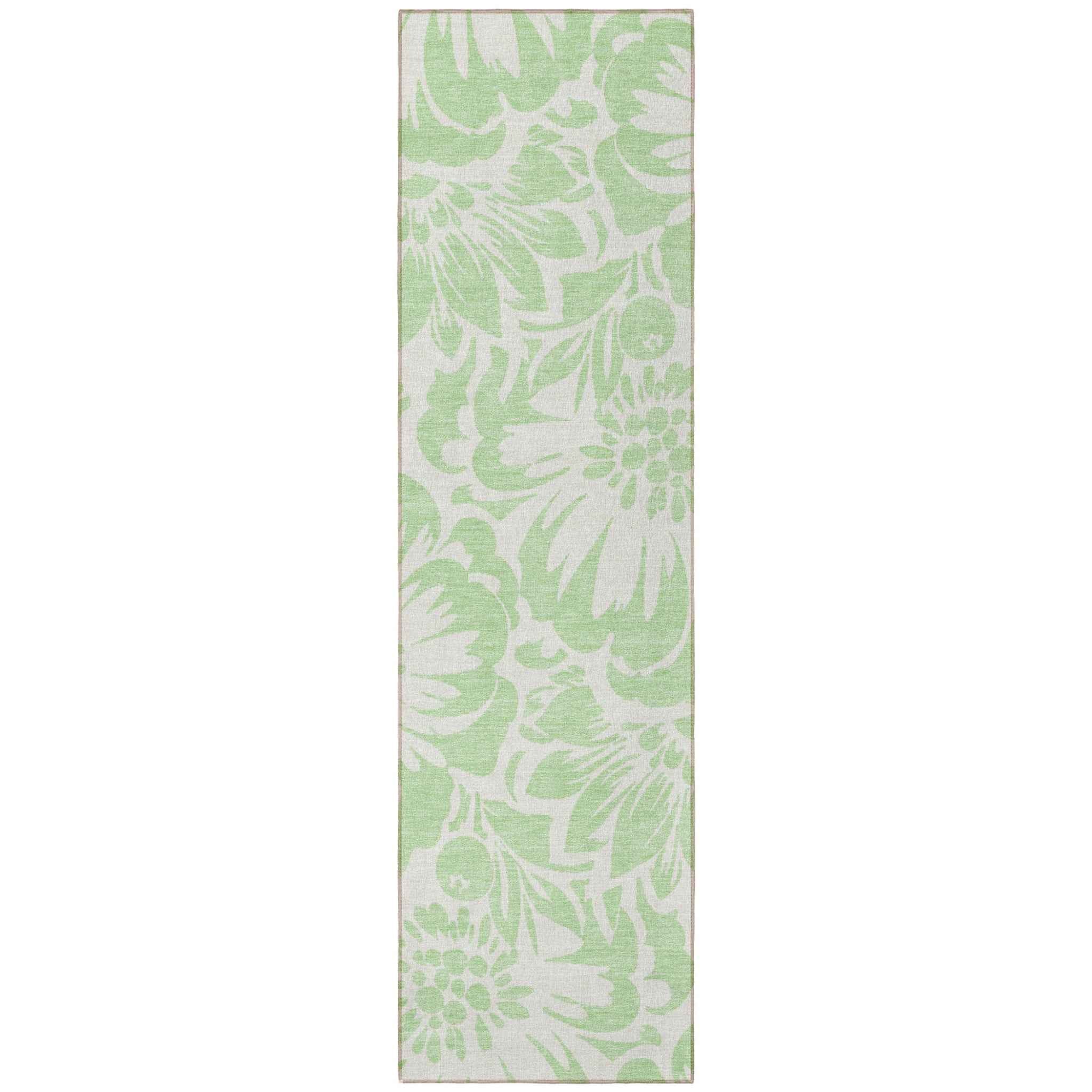 8' Runner Mint Green and Ivory Floral Washable Non Skid Indoor Outdoor Runner Rug