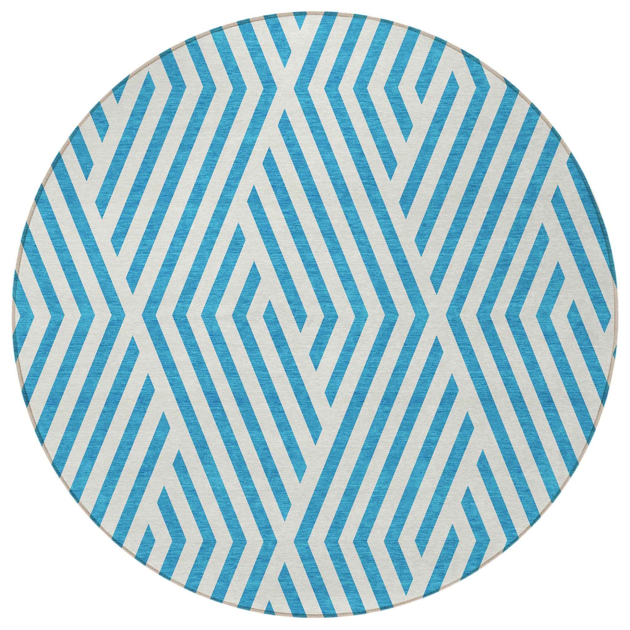 8' Round Teal and White Round Geometric Washable Non Skid Indoor Outdoor Area Rug