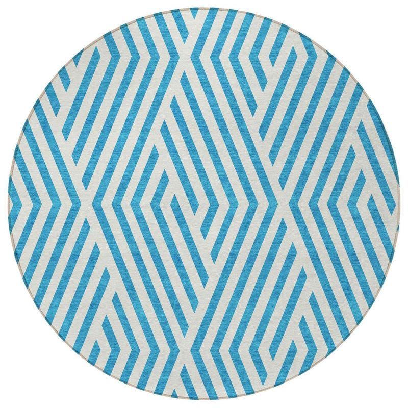 8' Round Teal and White Round Geometric Washable Non Skid Indoor Outdoor Area Rug