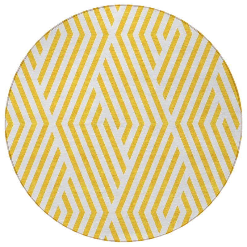 8' Round Gold and White Round Geometric Washable Non Skid Indoor Outdoor Area Rug
