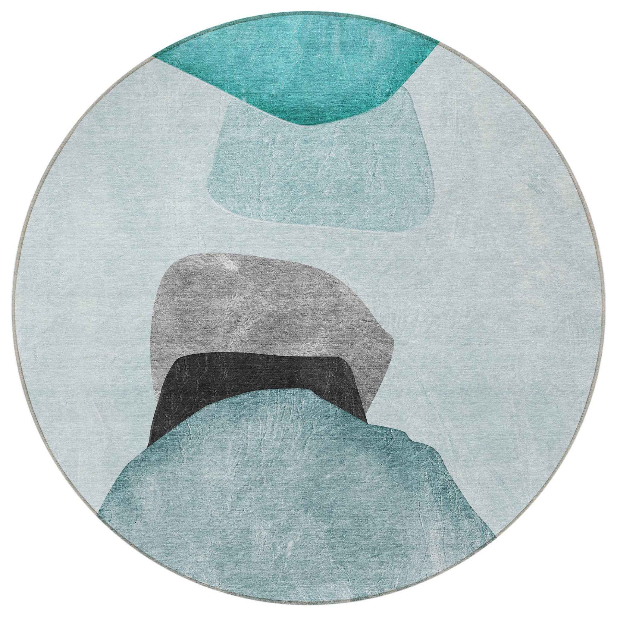8' Round Ivory Teal and Gray Round Abstract Washable Non Skid Indoor Outdoor Area Rug