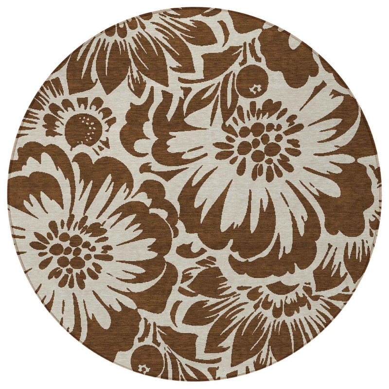 8' Round Brown and Ivory Round Floral Washable Non Skid Indoor Outdoor Area Rug