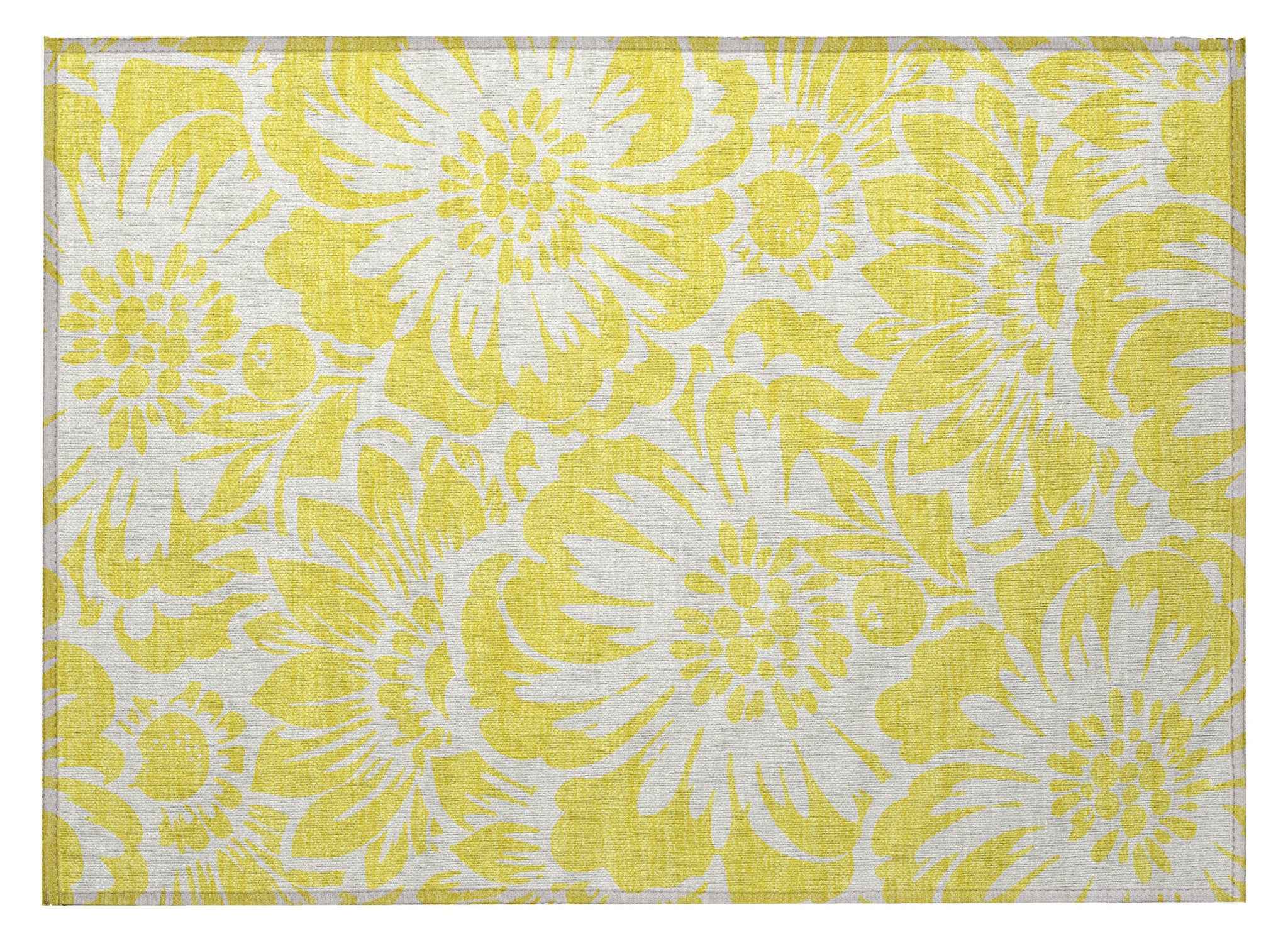 2' X 3' Yellow and Ivory Floral Washable Non Skid Indoor Outdoor Area Rug