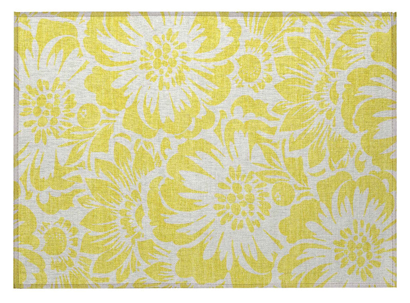 2' X 3' Yellow and Ivory Floral Washable Non Skid Indoor Outdoor Area Rug
