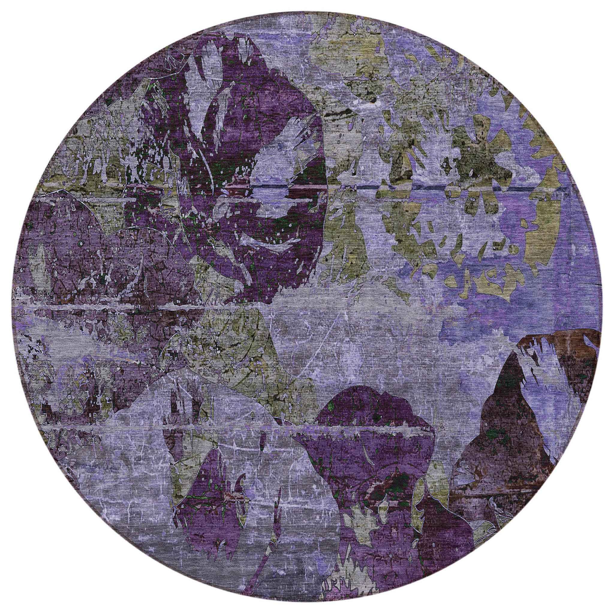 8' Round Purple and Green Round Floral Washable Non Skid Indoor Outdoor Area Rug