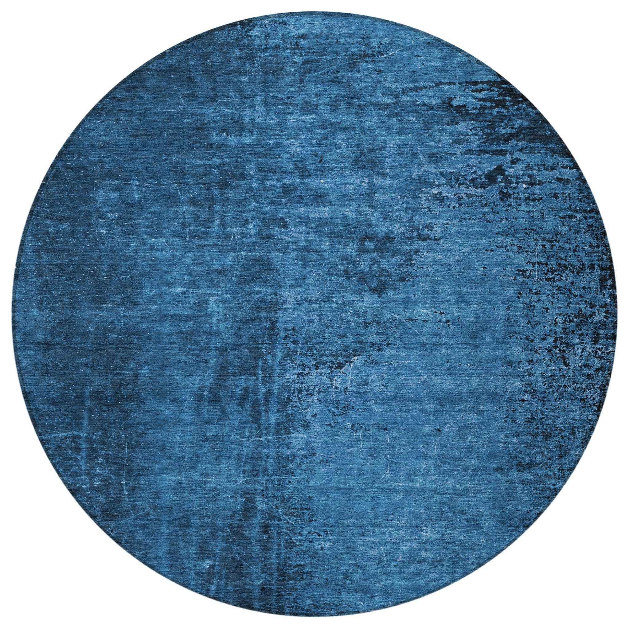8' Round Navy Blue Round Abstract Washable Non Skid Indoor Outdoor Area Rug
