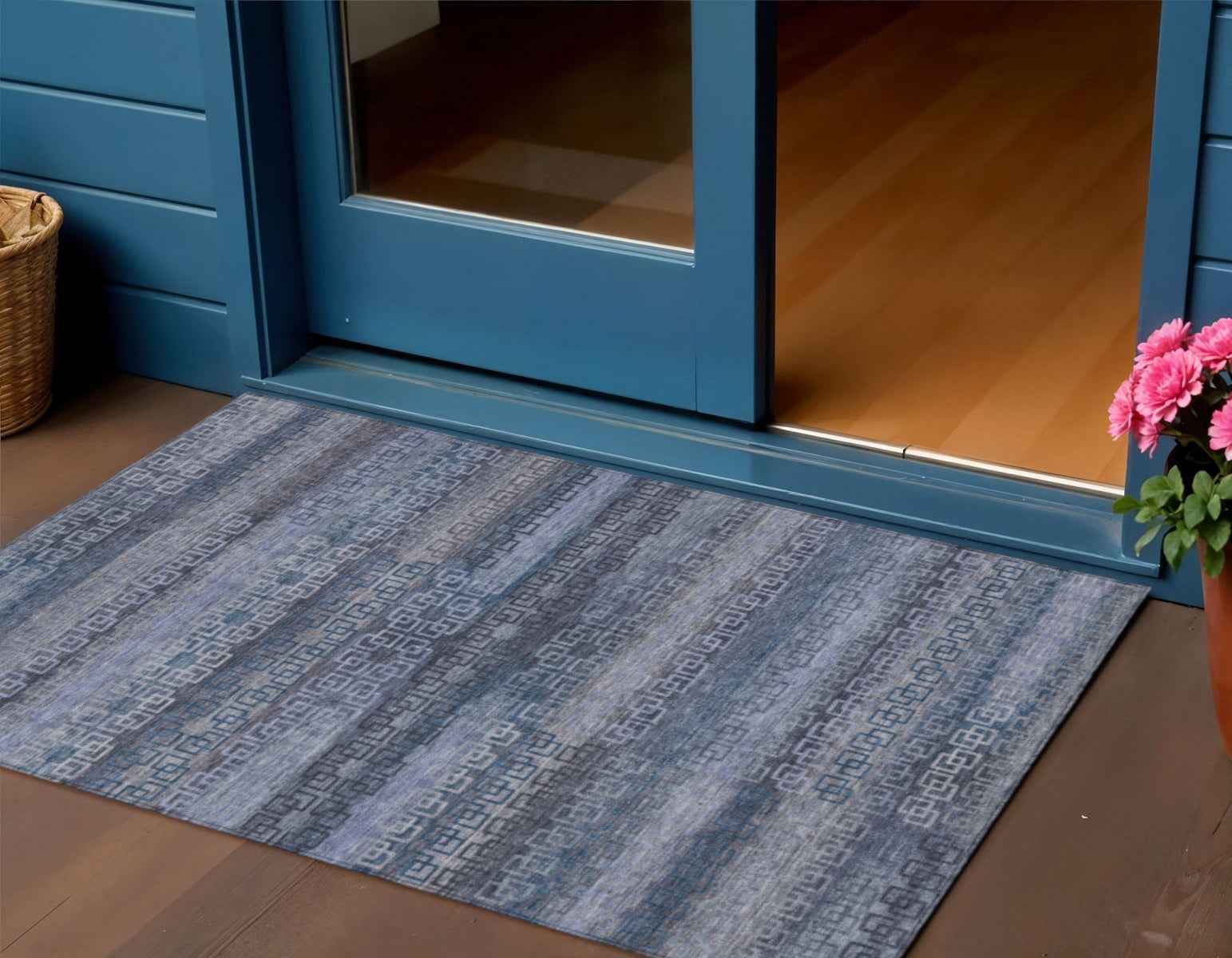 3' X 5' Taupe And Blue Striped Washable Indoor Outdoor Area Rug