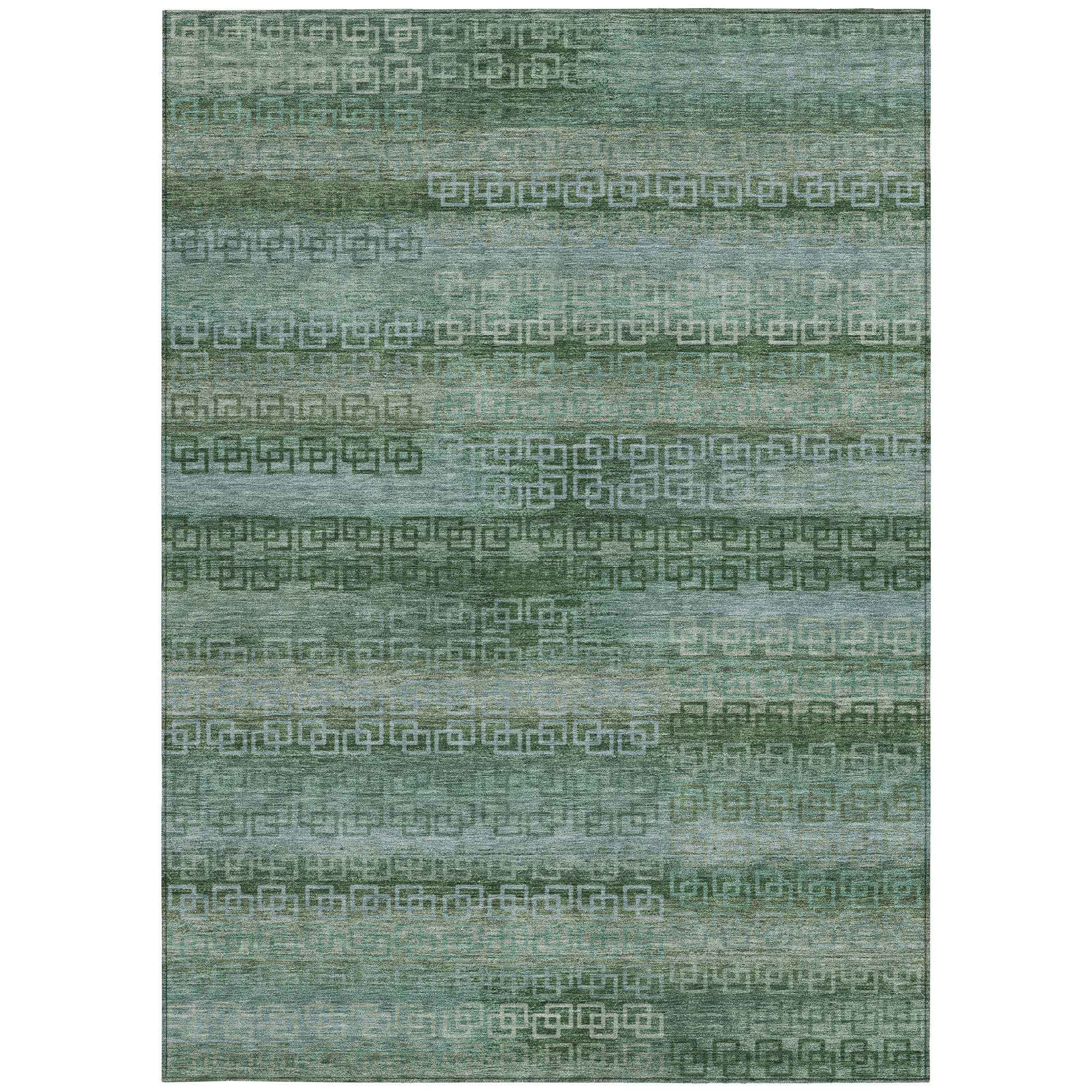 5' X 8' Artichoke Green And Sage Striped Washable Indoor Outdoor Area Rug