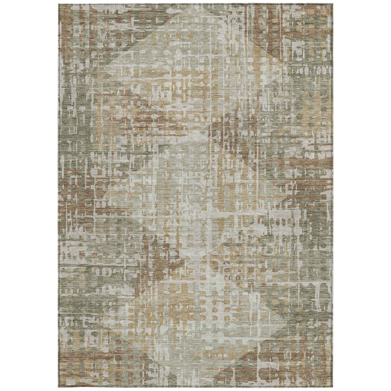 8' X 10' Artichoke Green And Brown Geometric Washable Indoor Outdoor Area Rug