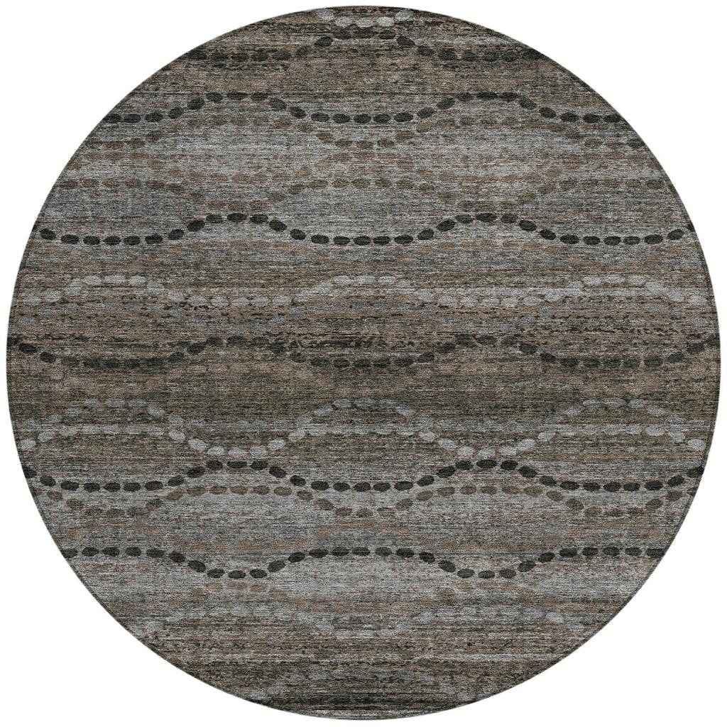8' Chocolate And Gray Round Ogee Washable Indoor Outdoor Area Rug