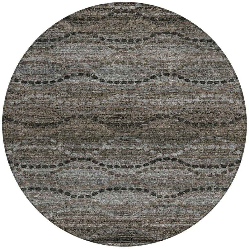 8' Chocolate And Gray Round Ogee Washable Indoor Outdoor Area Rug