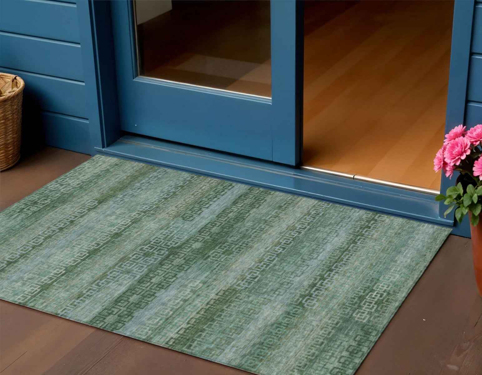 3' X 5' Artichoke Green And Sage Striped Washable Indoor Outdoor Area Rug