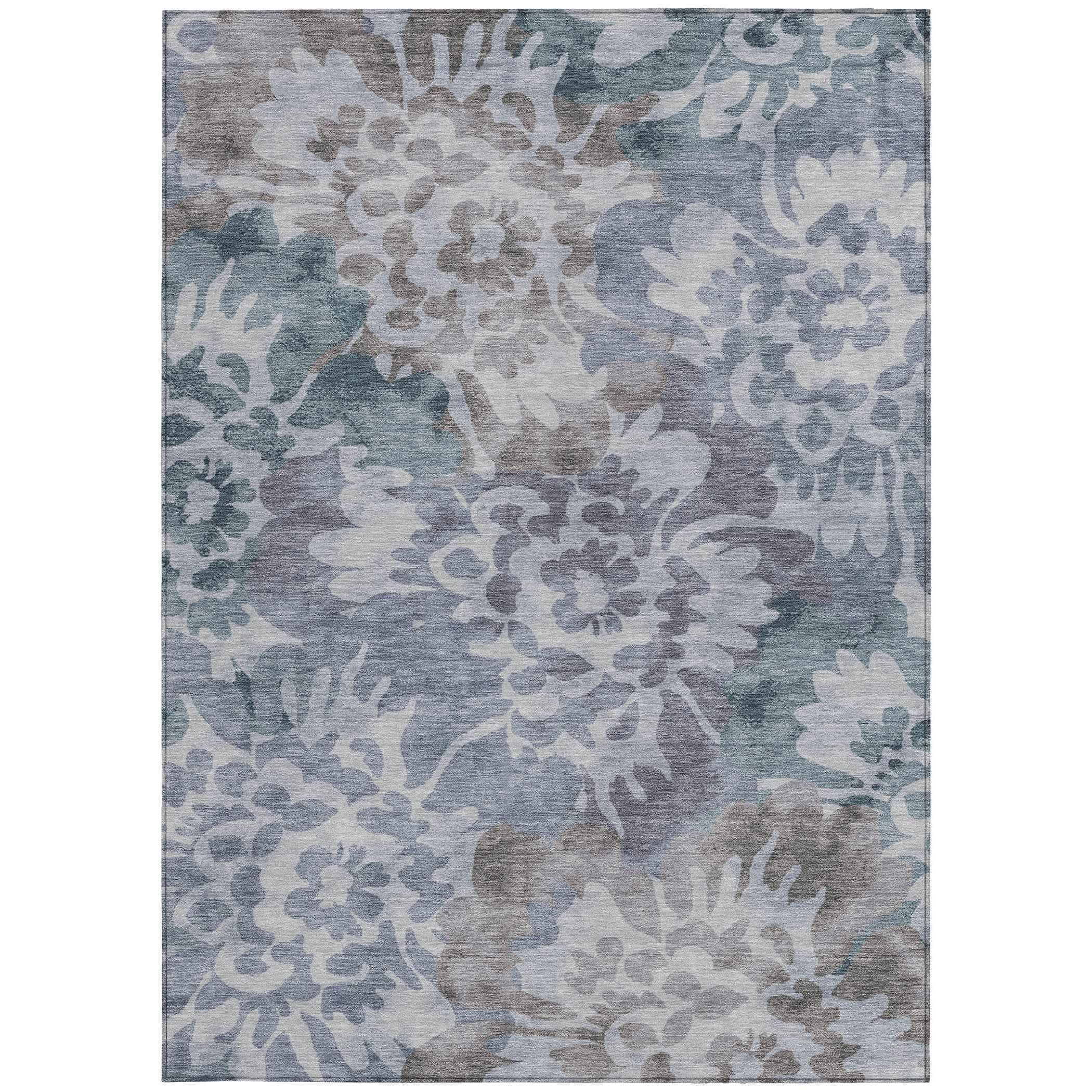 10' X 14' Blue And Silver Floral Washable Indoor Outdoor Area Rug