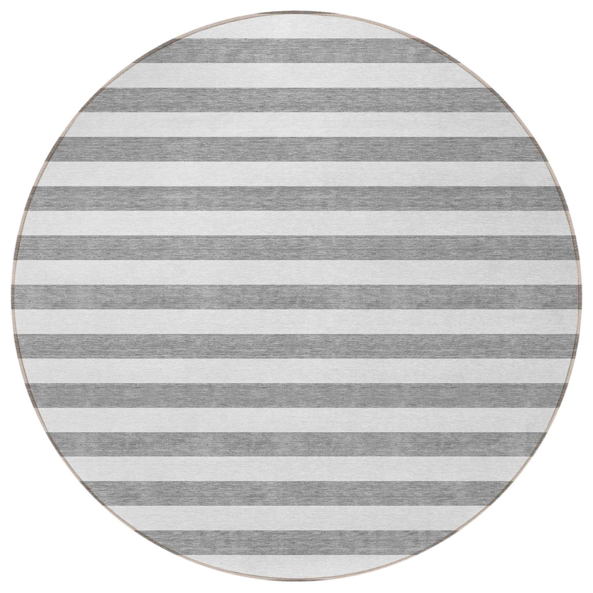8' Round Gray and White Round Striped Washable Non Skid Indoor Outdoor Area Rug