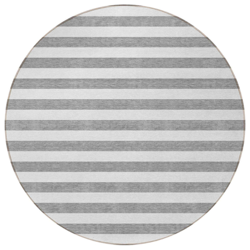 8' Round Gray and White Round Striped Washable Non Skid Indoor Outdoor Area Rug