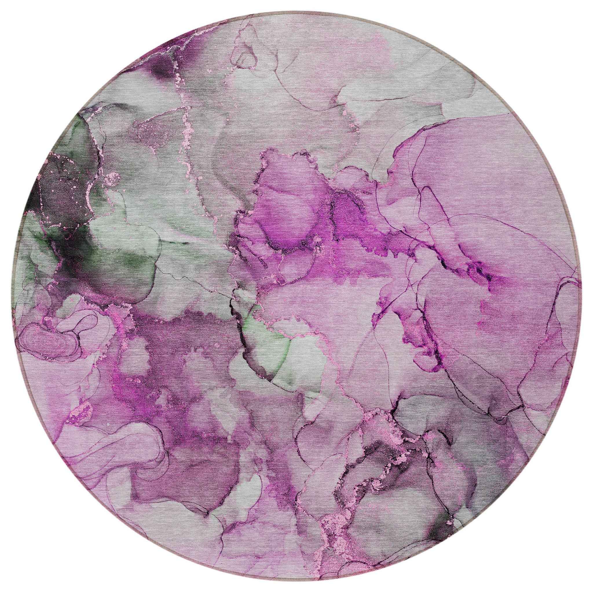 8' Round Gray and Purple Round Abstract Washable Non Skid Indoor Outdoor Area Rug