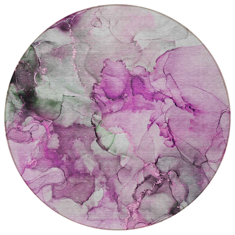 8' Round Gray and Purple Round Abstract Washable Non Skid Indoor Outdoor Area Rug